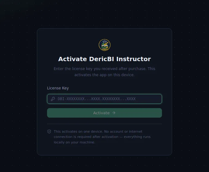 The Activate DericBI Instructor screen with a license key box