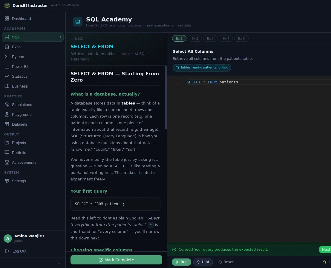 A SQL lesson with theory on the left, a code editor on the right and a Correct message